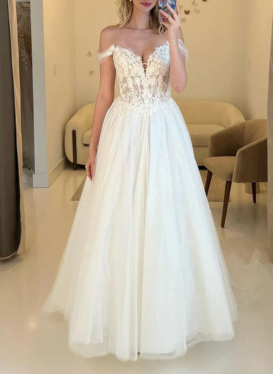 A-Line Off the Shoulder Tulle Wedding Dresses with
