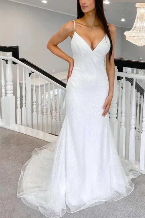 Mermaid V Neck Sequins White Wedding Dresses