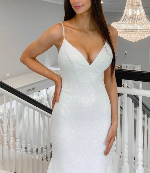 Mermaid V Neck Sequins White Wedding Dresses