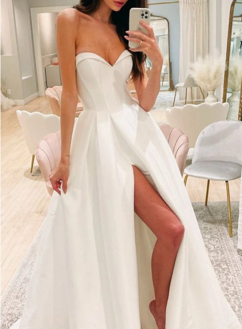 A-Line Sweetheart White Satin Wedding Dresses with