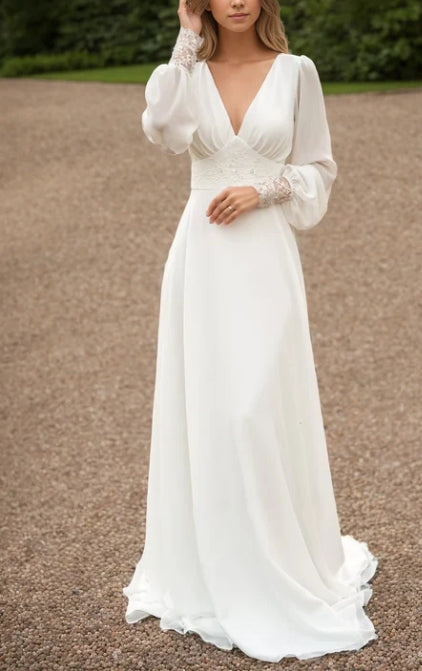 A-Line Floor Chiffon Long Sleeve Wedding Dress with Sequins and Train