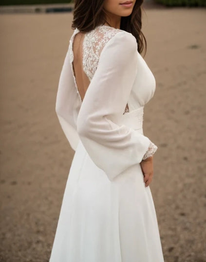 A-Line Floor Chiffon Long Sleeve Wedding Dress with Sequins and Train