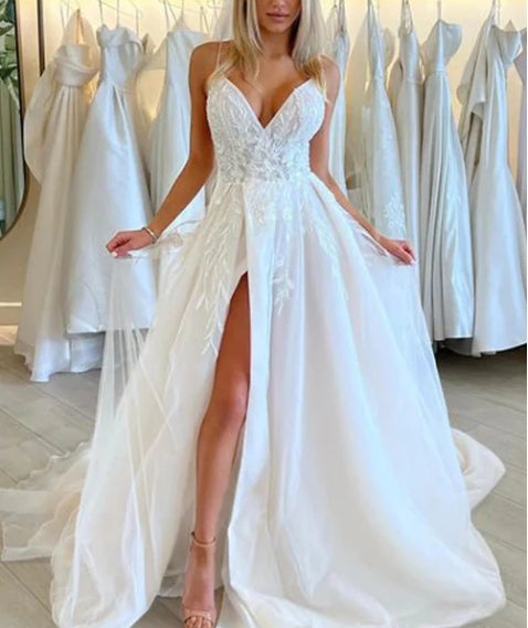 A Line V Neck Organza Long Wedding Dresses with Appliques