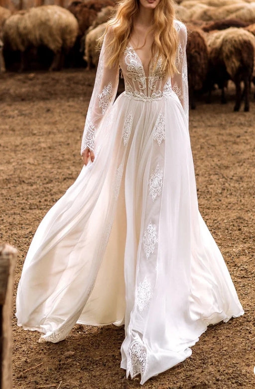 A-Line Boho Lace Wedding Dress with Sleeves Plunging Neckline Sweep