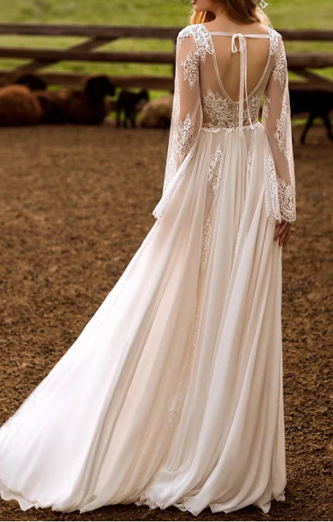 A-Line Boho Lace Wedding Dress with Sleeves Plunging Neckline Sweep
