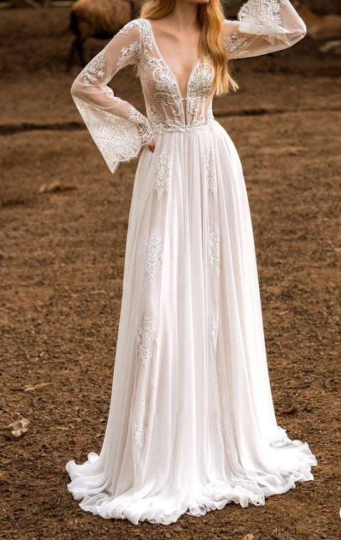 A-Line Boho Lace Wedding Dress with Sleeves Plunging Neckline Sweep