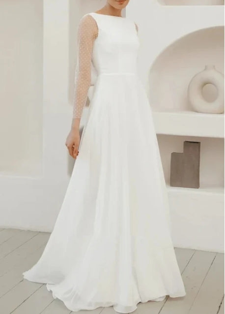 A-Line Chiffon Maxi Wedding Dress Minimalist Sleeved Pearl Button Low Back Bridal Gown
