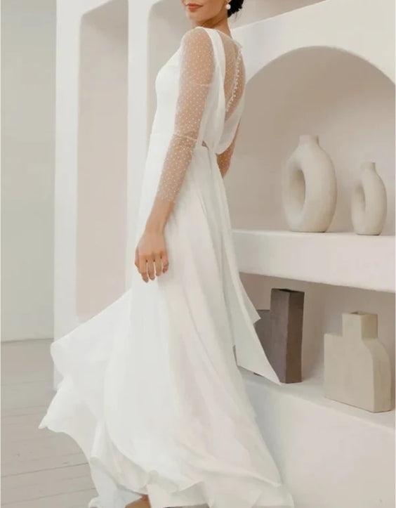 A-Line Chiffon Maxi Wedding Dress Minimalist Sleeved Pearl Button Low Back Bridal Gown