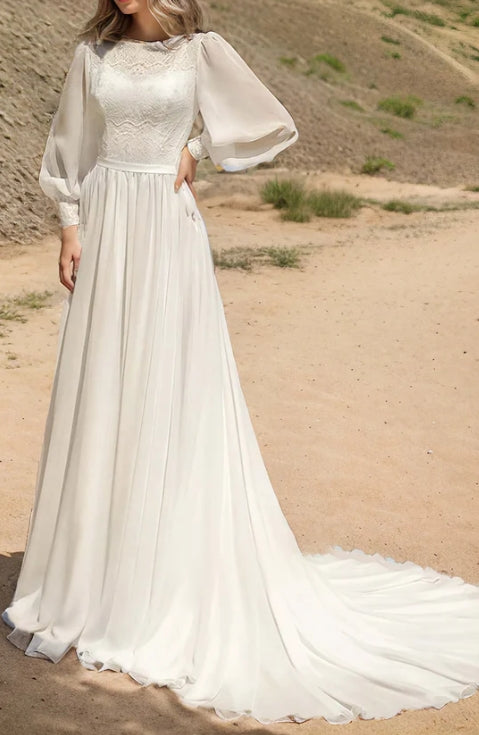 Long Sleeve Casual Rustic A-Line Bateau Neck Wedding Dress Gowns with Train