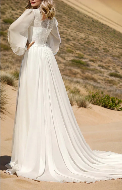 Long Sleeve Casual Rustic A-Line Bateau Neck Wedding Dress Gowns with Train