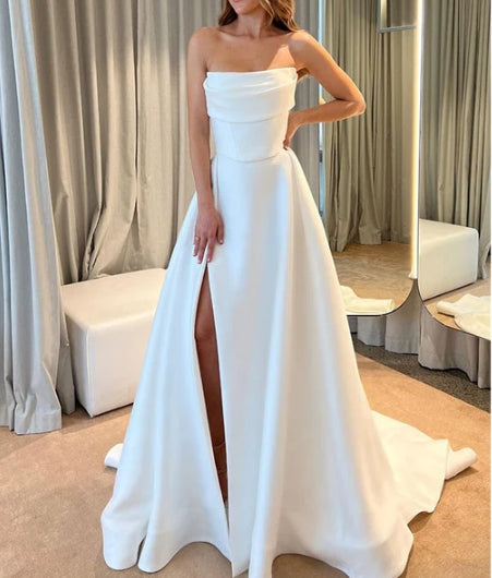 Ball-Gown Strapless Sleeveless Sweep Train Satin Wedding Dresses With