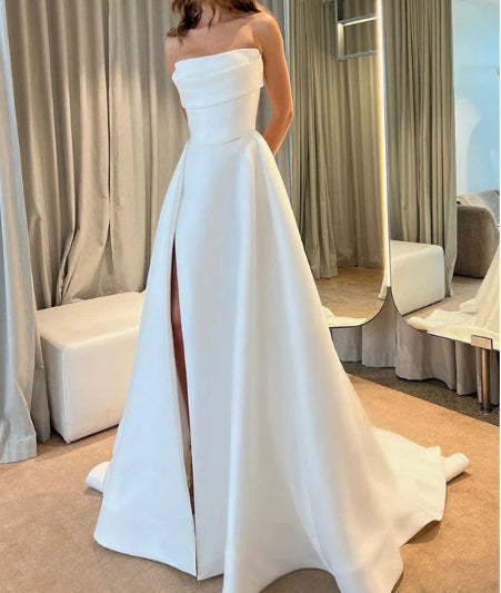 Ball-Gown Strapless Sleeveless Sweep Train Satin Wedding Dresses With