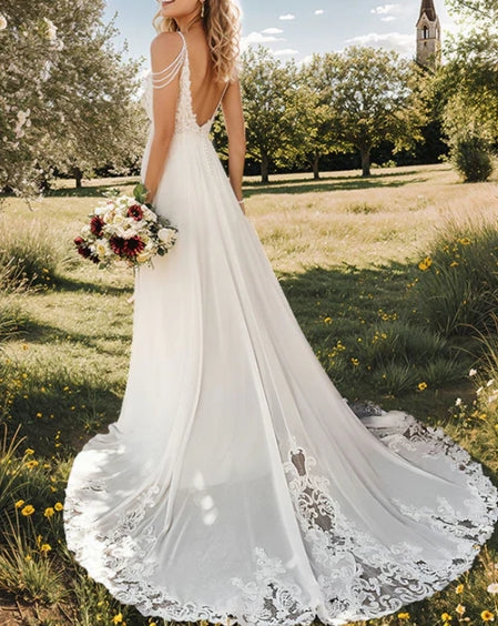 A-Line V-Neck Sweep Train Wedding Dress With Lace Split Front