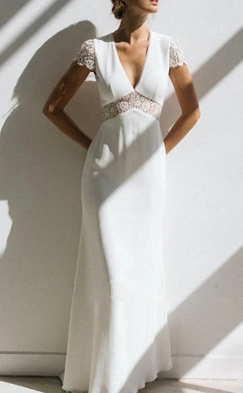 Modest Simple Sheath Short Sleeve Empire Floor-Length Sweep Train Chiffon V-neck Wedding Dress