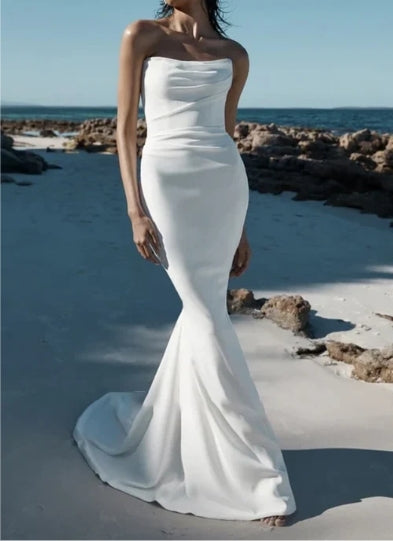 Elegant Beach Mermaid Sleeveless Satin Modern Western Solid White Button Back Floor Length Wedding Dress