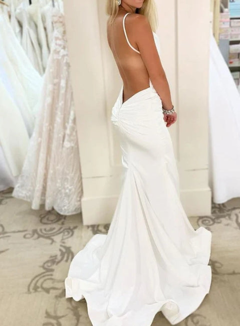 Low Back Mermaid Satin Sleeveless Wedding Dresses
