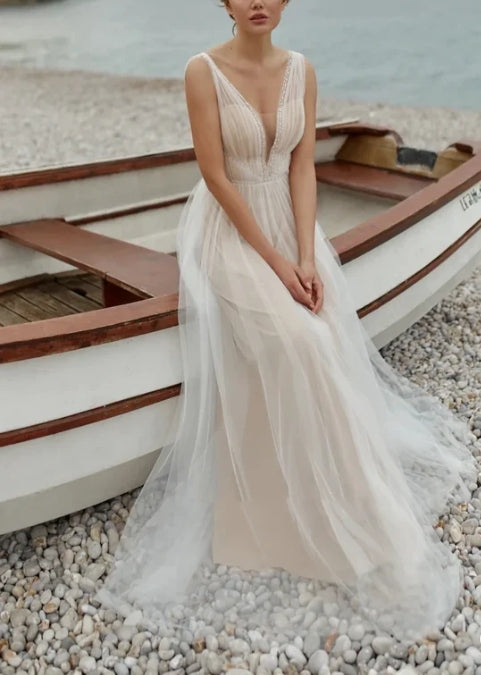 A-Line Tulle Gorgeous Deep V-Neck Open Back Double Layers Elegant Floor Length Long Dress With Sequin