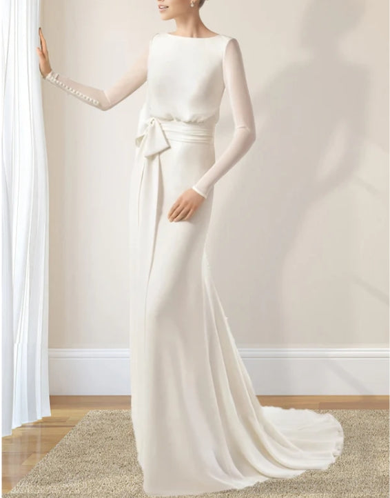 Modest Chiffon Long Sleeve Wedding Dress With Decoratived Buttons and Bow