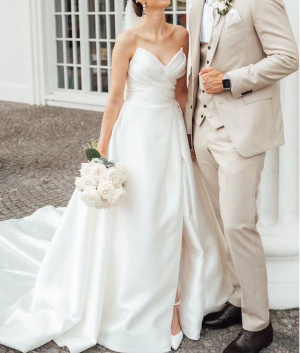 A-Line Strapless White Satin Wedding Dresses With Slit