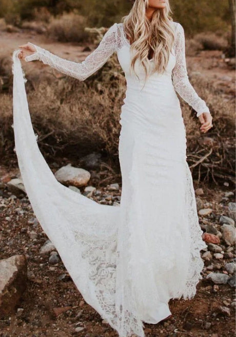 Sheath Satin V-neck Long Sleeve Wedding Dress