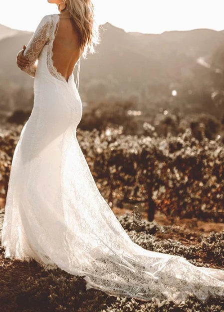 Sheath Satin V-neck Long Sleeve Wedding Dress