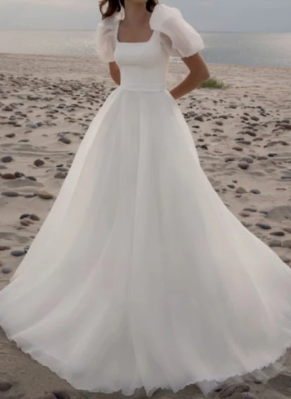 A Line Chiffon Court Train Wedding Dress with Ruching
