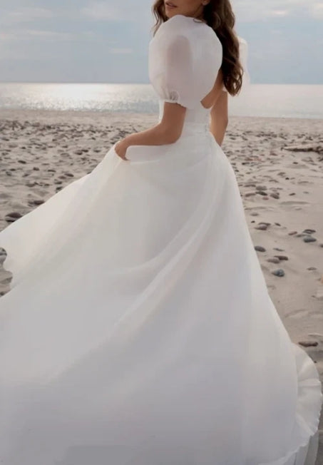 A Line Chiffon Court Train Wedding Dress with Ruching