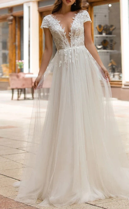 A Line Plunging Neckline Tulle Sweep Train Wedding Dress with Appliques