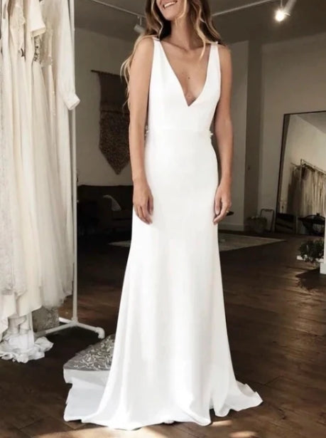 Simple Sleeveless Plunging Satin Wedding Dress With Illusion Deep V-back And Lace