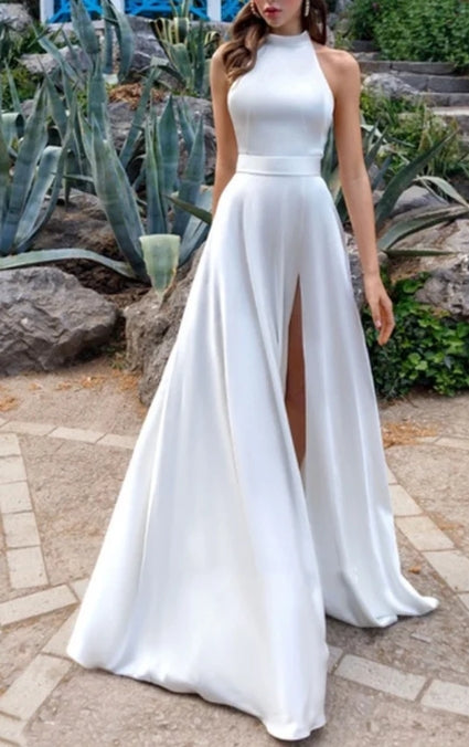 Modest A-Line Halter Maxi Wedding Dress