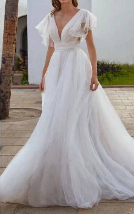 A-Line Tulle Wedding Dress With V-neck And Low-V Back
