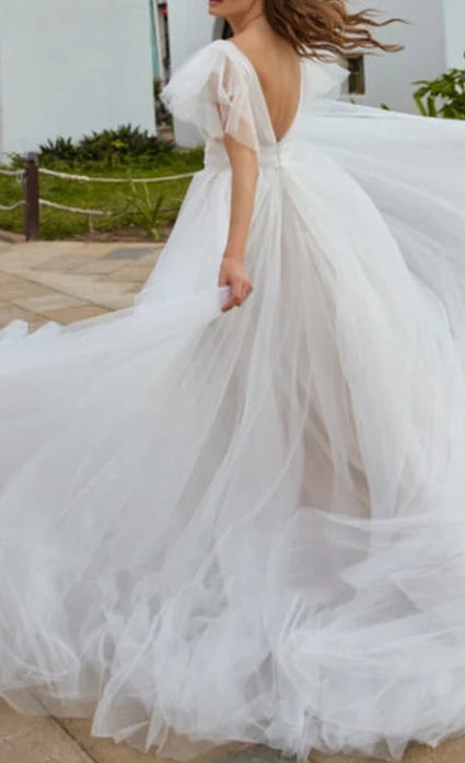 A-Line Tulle Wedding Dress With V-neck And Low-V Back