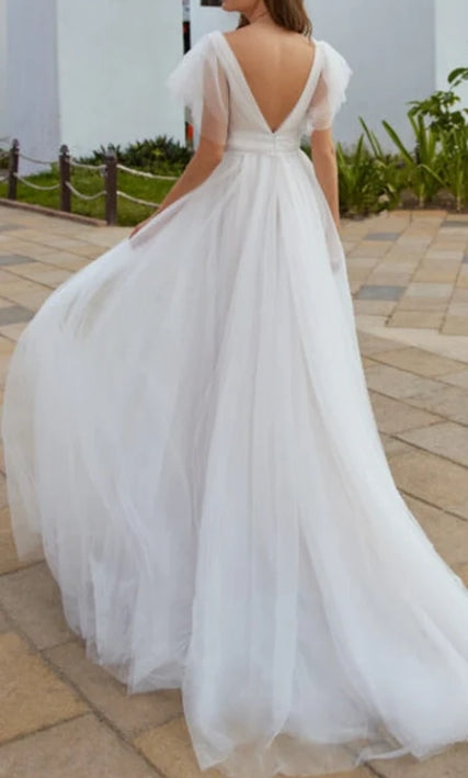 A-Line Tulle Wedding Dress With V-neck And Low-V Back