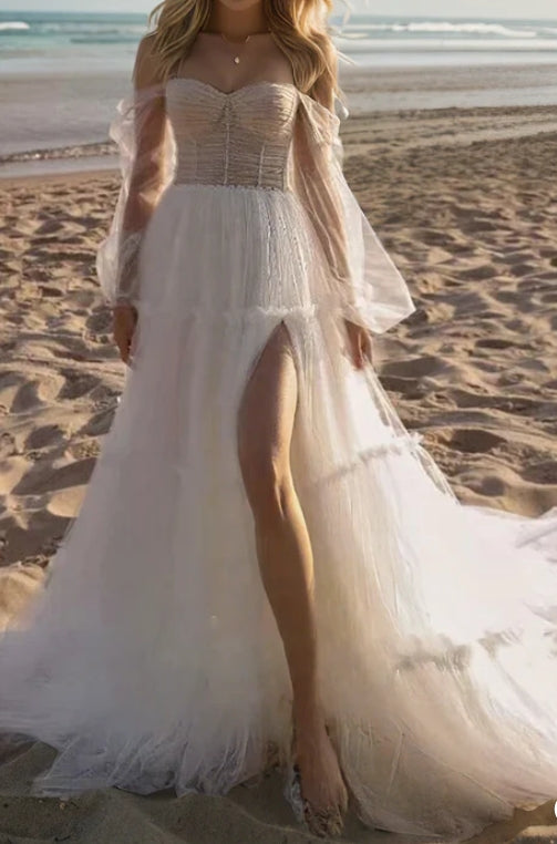 Neck A-Line Off-the-shoulder Fluttering Tulle Pleats Long Sleeve Wedding Dress