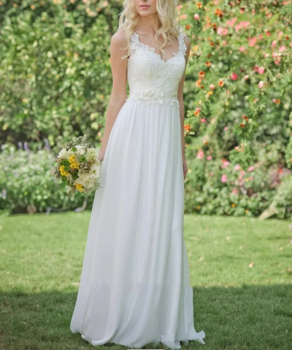 Long Chiffon Lace Weddig Dress With Beading Flower