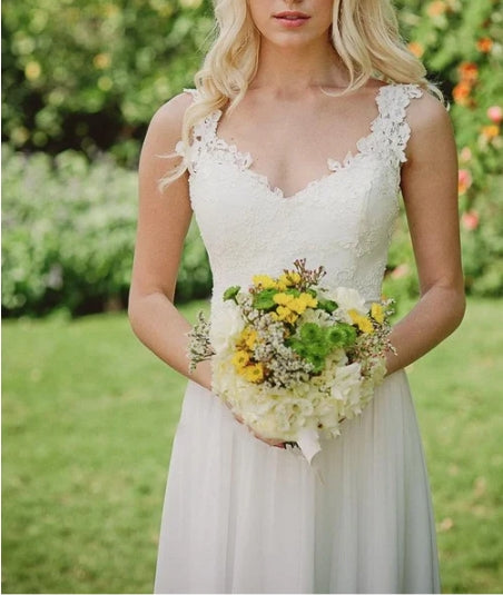 Long Chiffon Lace Weddig Dress With Beading Flower