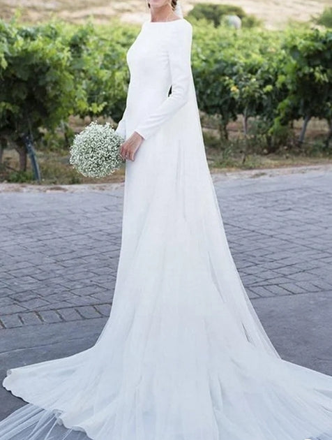 Chiffon Sheath Bateau-neck Deep-V Back Bridal Gown with Chapel Train