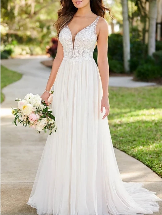 Classic Tulle Applique Wedding Gown Garden A-Line Backless Spaghetti Wedding Dress