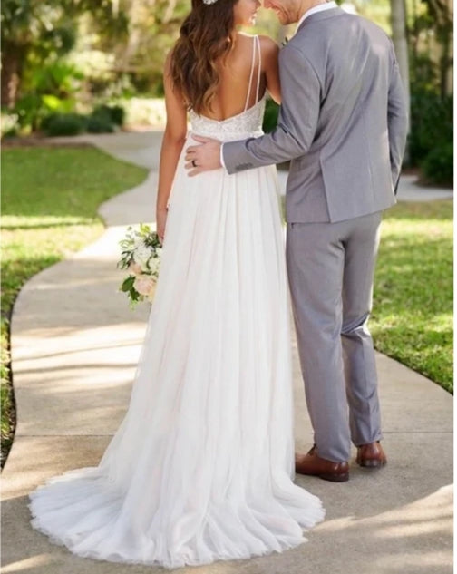 Classic Tulle Applique Wedding Gown Garden A-Line Backless Spaghetti Wedding Dress