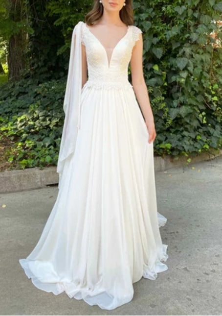 A Line V-neck Chiffon Court Train Wedding Dress with Ruching