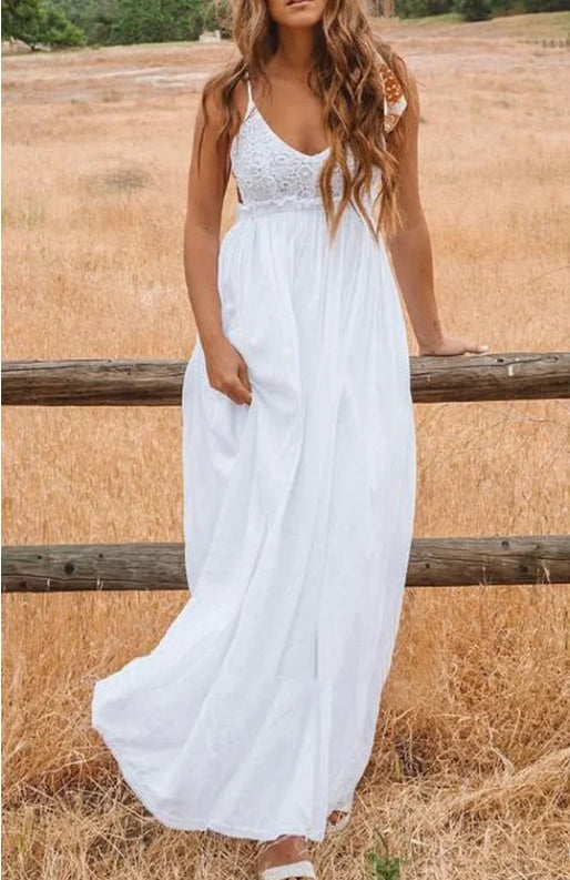 A Line Spaghetti Chiffon Lace Floor-length Sleeveless Wedding Dress