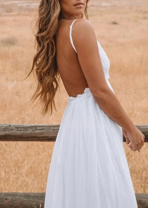 A Line Spaghetti Chiffon Lace Floor-length Sleeveless Wedding Dress