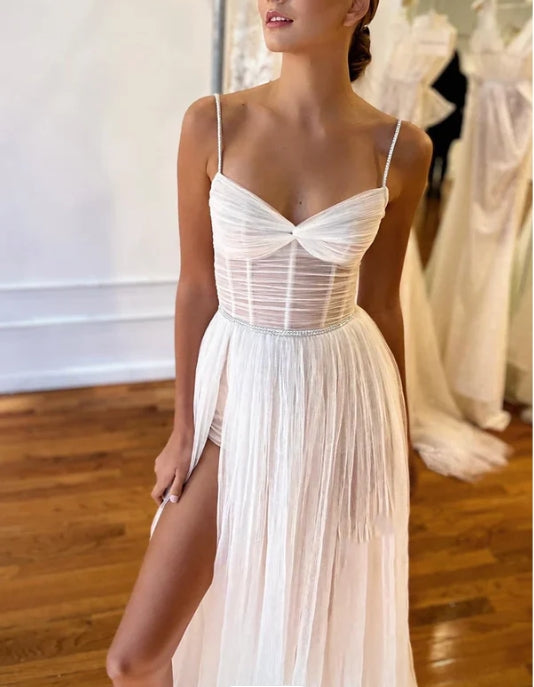 Straps Pleats High Split Bohemian Wedding Dress