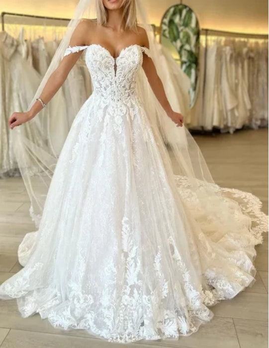 Off the Shoulder Romantic Lace Wedding Dress Bridal Gown