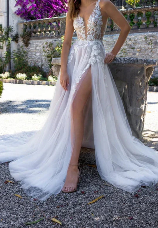 Attractive Illusion Deep V Neck Lace Appliques Boho Wedding Dress with Slit