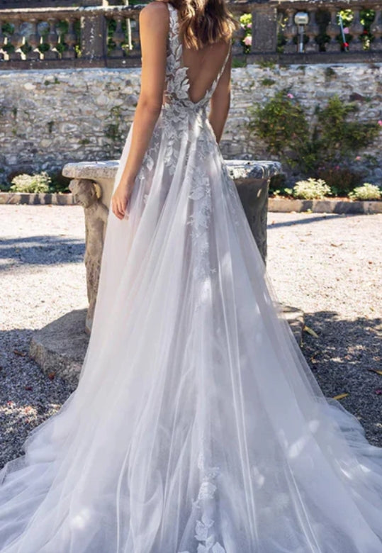 Attractive Illusion Deep V Neck Lace Appliques Boho Wedding Dress with Slit