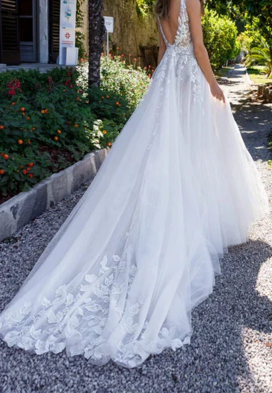 Attractive Illusion Deep V Neck Lace Appliques Boho Wedding Dress with Slit