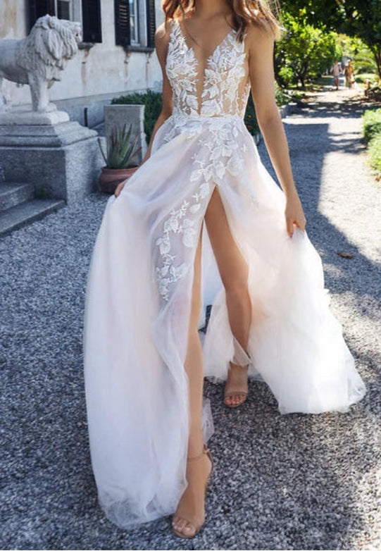 Attractive Illusion Deep V Neck Lace Appliques Boho Wedding Dress with Slit