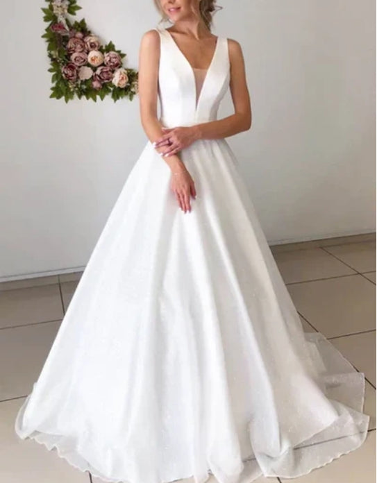A-line Attractive V-neck Simple Wedding Dress Rustic Wedding Gown