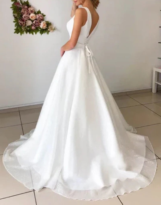 A-line Attractive V-neck Simple Wedding Dress Rustic Wedding Gown